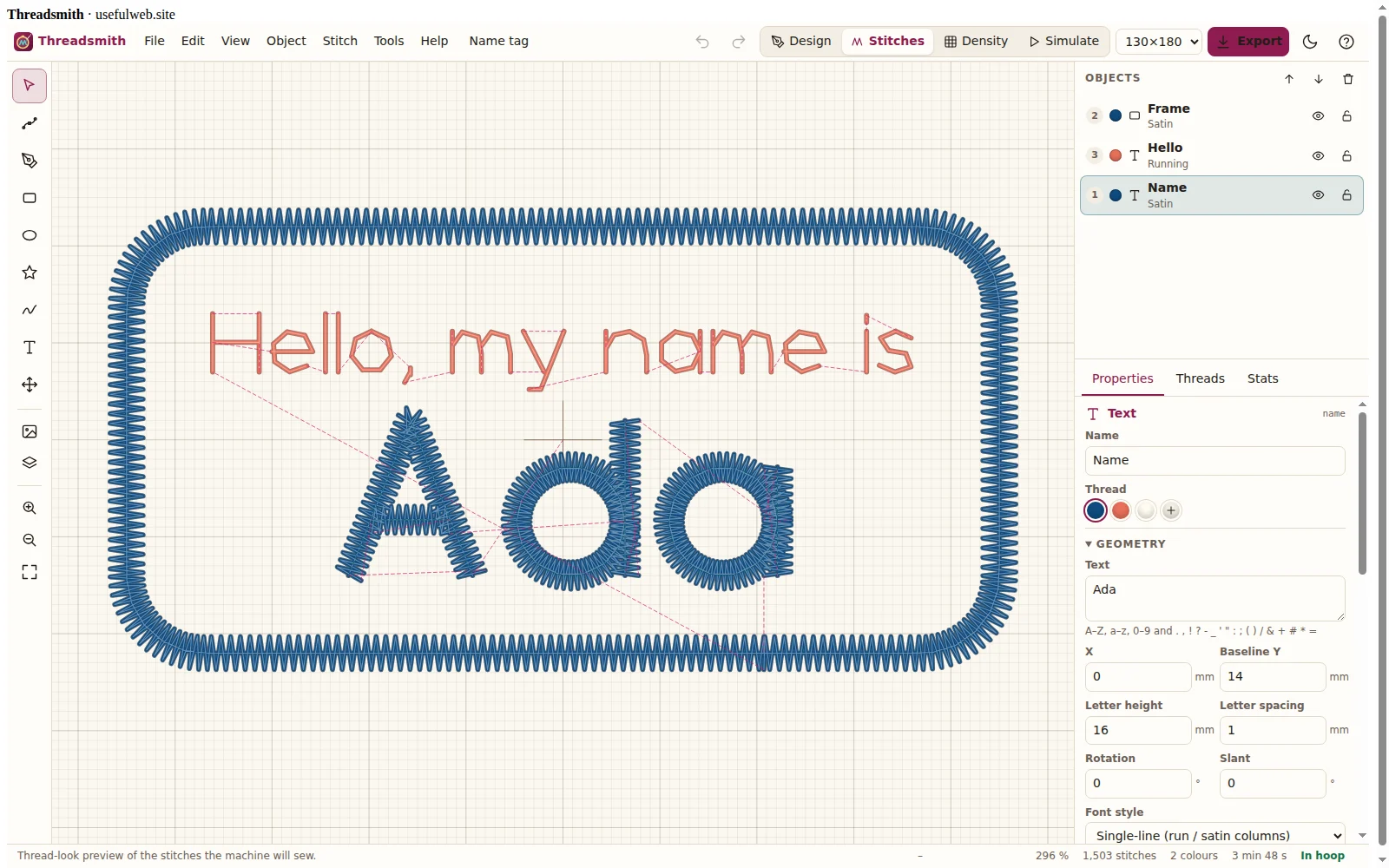 Lettering in satin columns on a name tag with the text properties panel