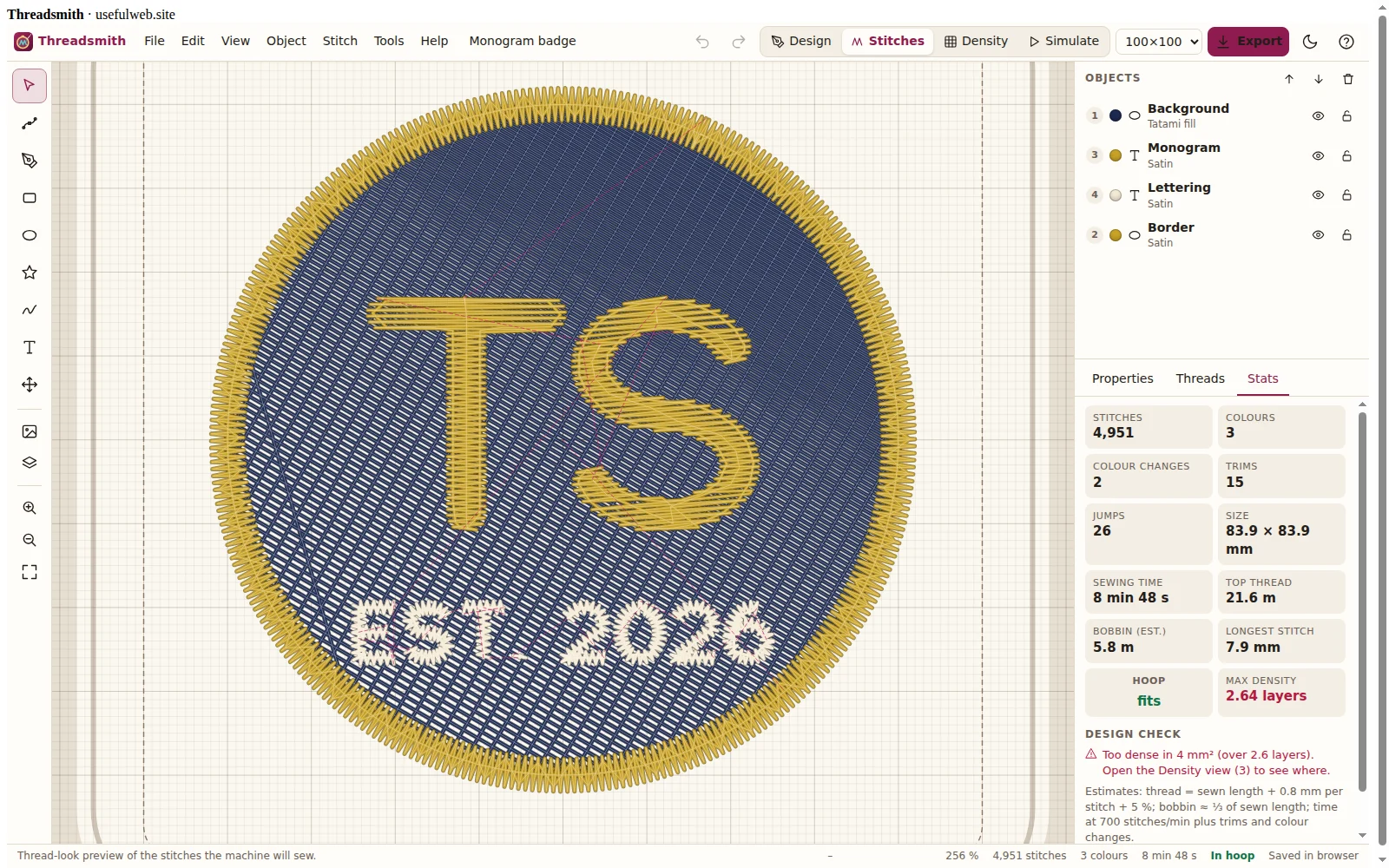 Realistic thread-look stitch preview of a monogram badge