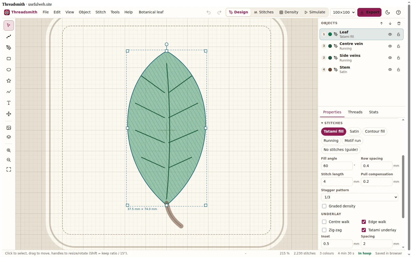 Threadsmith workspace with a leaf design, tool palette, object list and properties panel